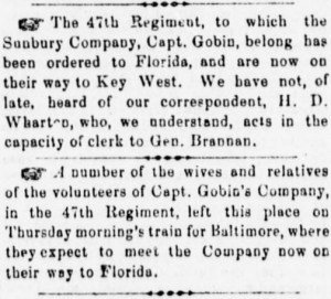 As the 47th Pennsylvania was ordered to Florida and Sunbury families traveled to bid them farewell, Henry Wharton clerked for Brigadier-General Brannan (Sunbury American, 18 January 1862, public domain).
