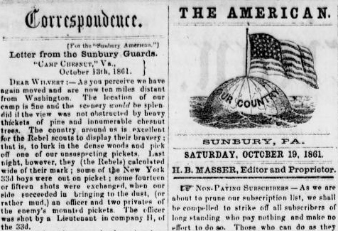 Henry D. Wharton's Civil War letters became so popular with readers of the Sunbury American that they were often featured prominently - on the front page or with the publication's masthead (public domain).