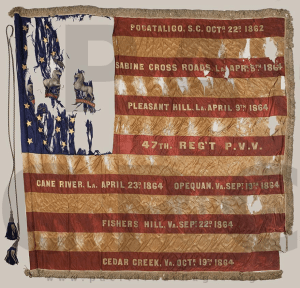 Second State Color, 47th Regiment, Pennsylvania Volunteer Infantry. Presented to the Regiment, Spring 1865; documents the Regiment's major engagements. Source: Pennsylvania Capitol Preservation Committee (1985.058. State Color, Horstmann Brothers and Company, v1p127).