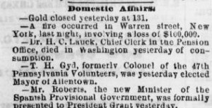 Tilghman H. Good was first elected to serve as the Mayor of Allentown, Pennsylvania on 19 March 1869. Source: Evening Telegraph, Philadelphia edition, 20 March 1869 (public domain).