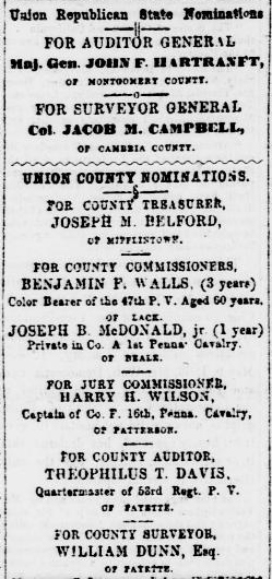 In 1865, after returning from the Civil War, Benjamin F. Walls was nominated for political office. Source: Sunbury American, 13 September 1865 (public domain).