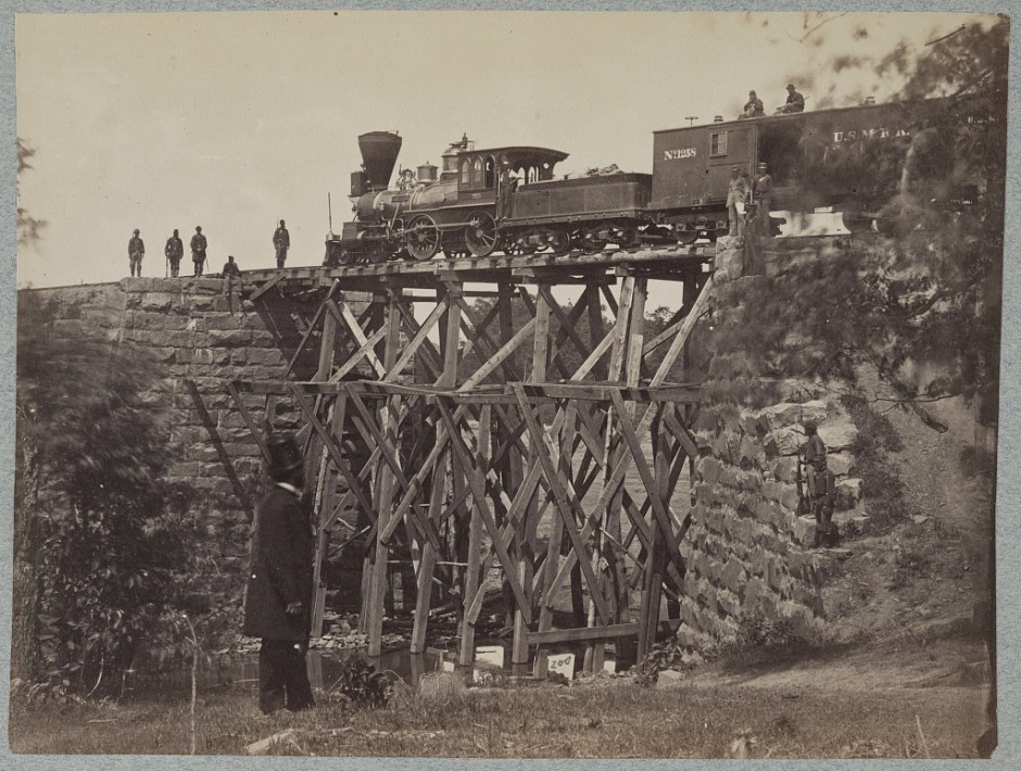 Bridge and Train, Orange and Alexandria Railroad, c. 1861-1865 (Library of Congress, public domain).