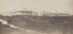 U.S. General Hospital, Hilton Head, South Carolina, c. 1861-1865. Built facing the ocean/Port Royal Bay (Broad River). Hospital medical director's residence, left foreground. Source: Library of Congress, public domain.
