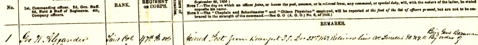 Excerpt from 47th PA Volunteers' Civil War muster roll documenting Brig. Gen. J.M. Brannan's directive for Lt. Col. G.W. Alexander to assume command of Fort Jefferson, Dry Tortugas, Florida, December 1862.