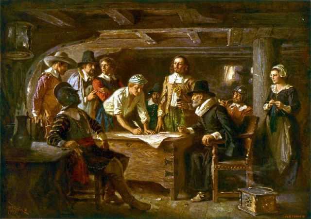 Passengers of the Mayflower (Carver, Winston, Alden, Myles Standish, Howland, Bradford, Allerton, and Edward Fuller) were depicted signing the "Mayflower Compact" in 1620 in this 1899 painting by J. L. G. Ferris. Edward Fuller was an ancestor of several members of the 47th Pennsylvania Volunteers (image: public domain).