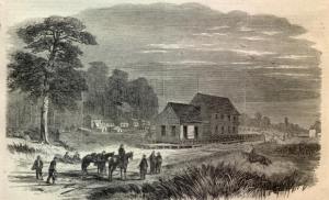 Pocotaligo Depot, Charleston & Savannah Railroad, South Carolina as sketched by Theodore R. Davis for Harper’s Weekly, 25 February 1865 edition (public domain).