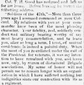 Good, Tilghman_Address to 47th Upon His Resignation-pt1_HDW_14Nov1864_SunAm26Nov1864