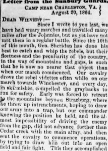 Henry D. Wharton's Letter, 20 August 1864, Camp Ford Prisoners and Virginia, part 1 (Sunbury American, 27 August 1864)