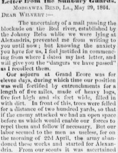 Henry D. Wharton Letter, 29 May 1864, Red River, part 1 (Sunbury Amrican, 18 June 1864)