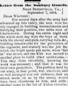 Henry D. Wharton Letter, 7 Sept 1864, Berryville Wounded, part 1 (Sunbury American, 24 September 1864)