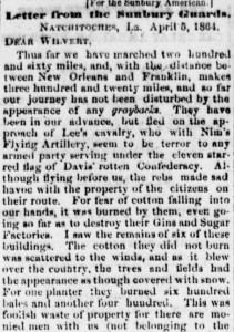 Henry D. Wharton's Letter from Natchitoches, LA 5 April 1864 (Sunbury American, 7 May 1864)