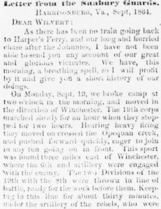 Henry D. Wharton Letter, September 1864, Opequan-Fisher's Hill, part 1 (Sunbury American, 8 October 1864)