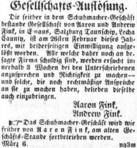Aaron and Andrew Fink, shoemakers in Allentown, ask their customers to settle their accounts (Der Lecha Caunty Patriot, 6 March 1848, public domain).