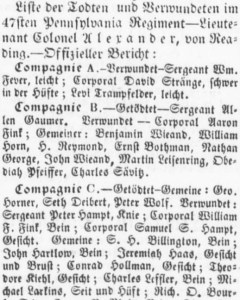 Reports of 47th Pennsylvania Volunteers Wounded and Killed, Battle of Pcotaligo, SC (Der Lecha Caunty Patriot, 5 November and 3 December 1862, public domain)