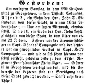 Alfred Eisenbraun's Obituary, Der Lecha Caunty Patriot (6 November 1861, public domain).