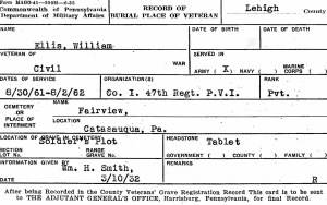 Pennsylvania Veterans' Burial Index Card for Private William Ellis, Co. I, 47th Pennsylvania Volunteers (Pennsylvania Historical and Museum Commission, public domain).