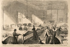 Volunteer Nurses Caring for the Sick and Wounded, Union Hotel, Georgetown, 6 July 1861 (Frank Leslie's Illustrated Newspaper. No. 294 Vol. 12, public domain).