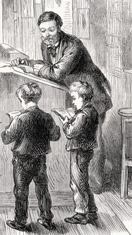 Victorian-era teacher with students, c. 1860s (public domain).