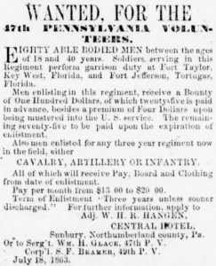 Recruiting notice published by Adjutant and 1st Lieutenant W. H. R. Hangen, 47th Pennsylvania Volunteers (Sunbury American, 1 August 1863, public domain).