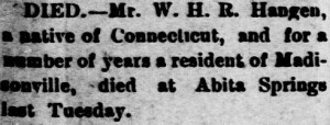 Washington H. R. Hangen's Death Notice, St. Tammany Farmer, 27 April 1895 (U.S. Library of Congress, public domain).