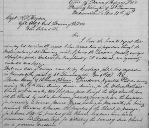 Washington H. R. Hangen's Freedmen's Bureau Update Re: St. Tammany Parish, LA Church Shooting, p. 1 (20 November 1866, public domain)