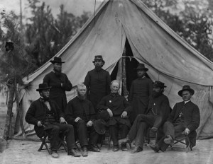 Chaplains, 9th Corps, U.S. Army, Petersburg, Virginia, October 1864. Although none of the chaplains were identified in this photo, the man standing second from left may be Rev. W. D. C. Rodrock, Chaplain, 47th Pennsylvania Volunteers. This man's image bears a striking similarity to Rodrock's December 1863 carte de visite (public domain, U.S. Library of Congress).